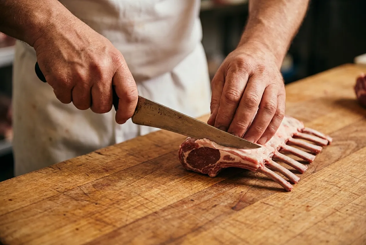 A Salem's butcher hand-trimming a rack of lamb