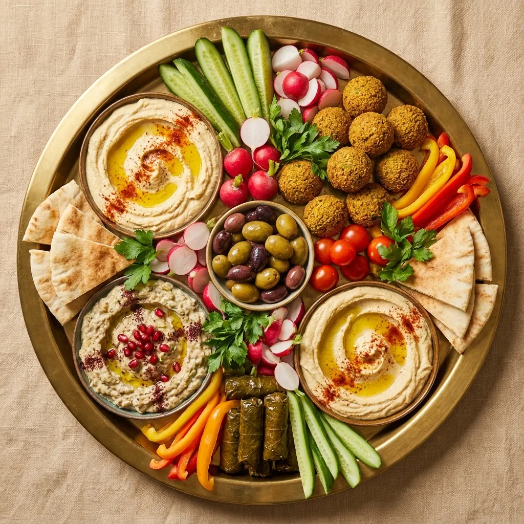 Mezze platter with hummus, falafel, stuffed grape leaves and pita