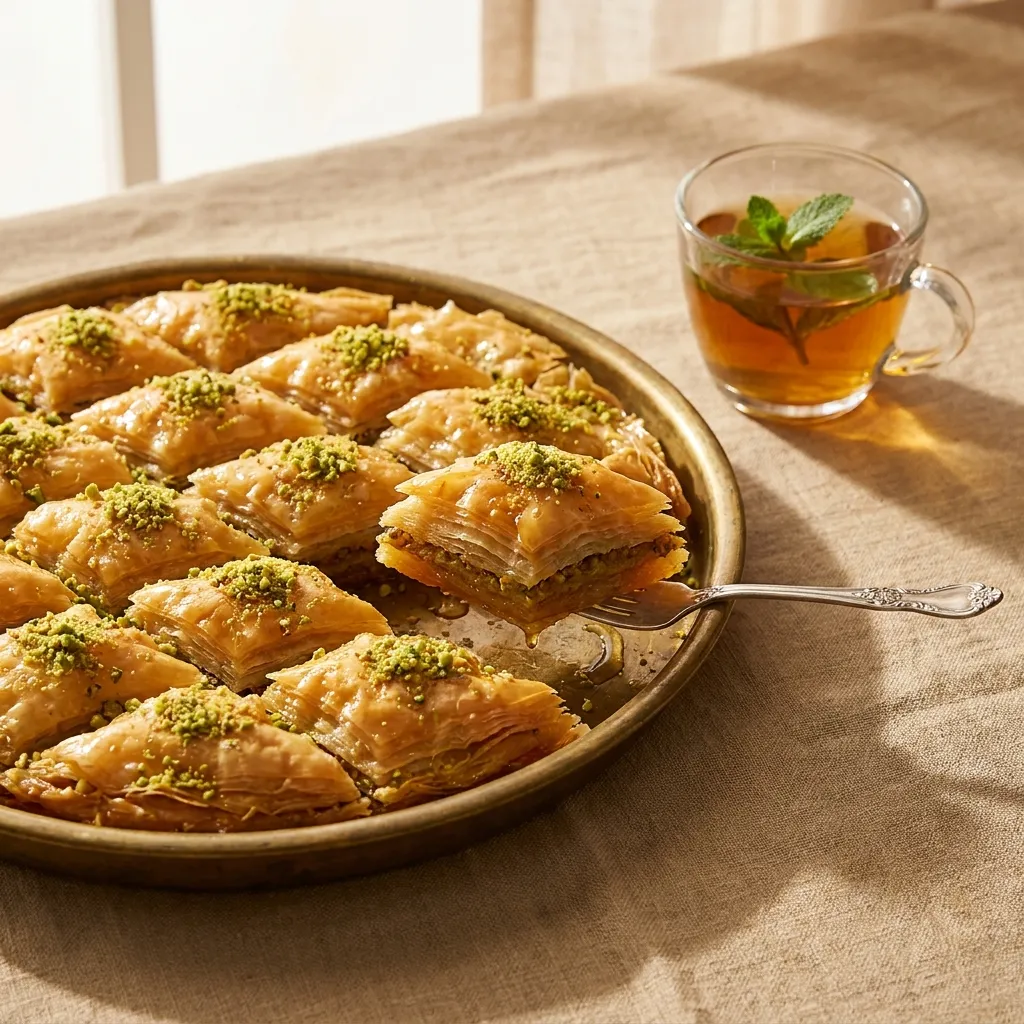Honey-glazed baklava with crushed pistachios on a brass tray