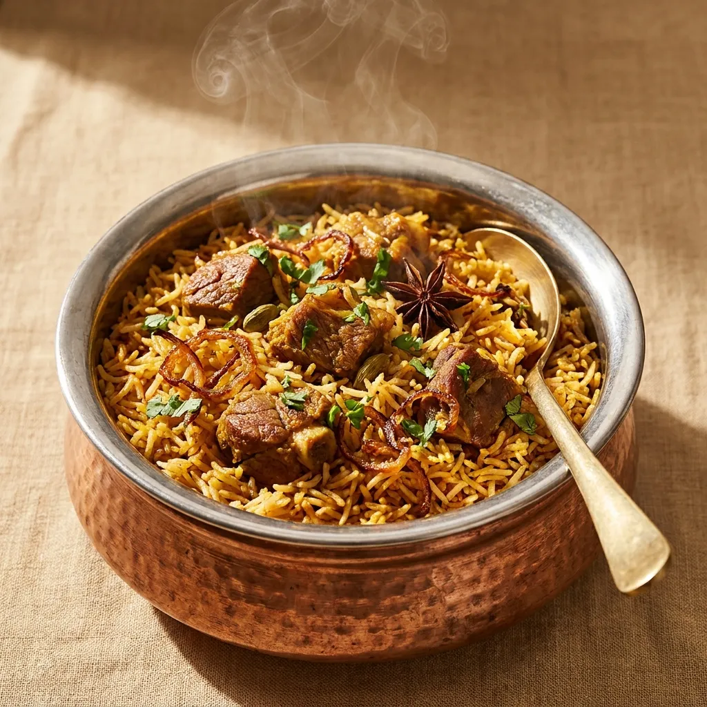 Lamb biryani with saffron rice in a copper pot