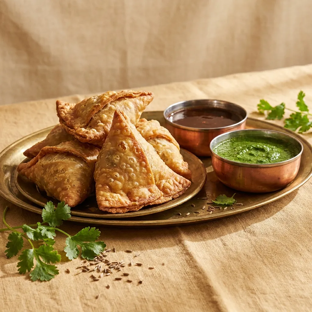 Golden hand-made samosas with chutneys on a brass tray