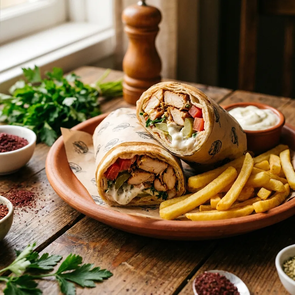 Chicken shawarma wrap with garlic sauce and fries