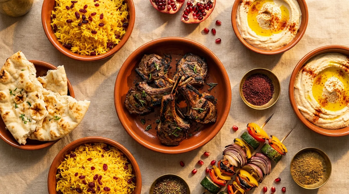 Overhead spread of charcoal-grilled halal lamb chops, saffron rice, naan and mezze at Salem's