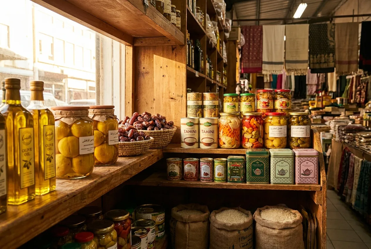 Shelves of olive oils, dates, tahini and international pantry goods at Salem's Market